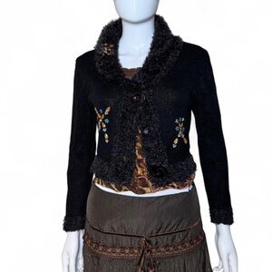 Elegant Black Teddy Jacket with Embroidered Details